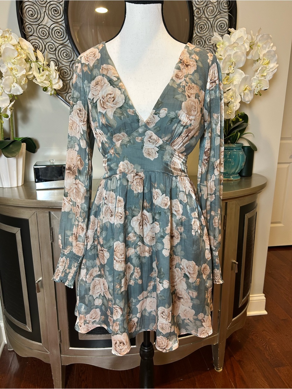 Altar'd State Sage Floral Long Sleeve V-Neck Dress with Blush Roses